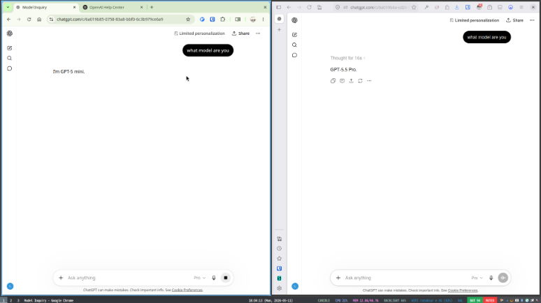 Screenshot of two ChatGPT, varied by browser, left chrome, right firefox.